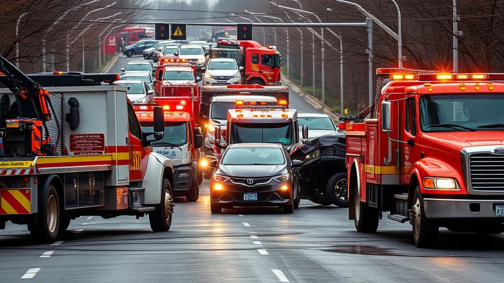 Professional accident scene management with tow trucks coordinating multi-vehicle recovery in San Francisco Bay Area