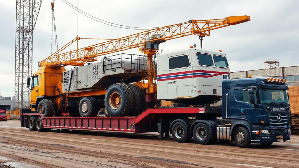 Professional construction equipment hauling service transporting heavy machinery on specialized trailer in Bay Area