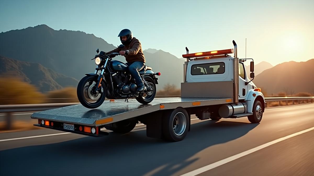 Professional motorcycle being loaded onto specialized flatbed tow truck