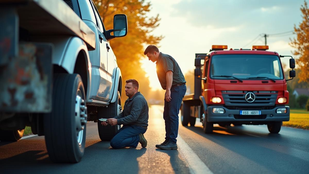 Split scene showing roadside assistance helping with tire change and tow truck loading vehicle