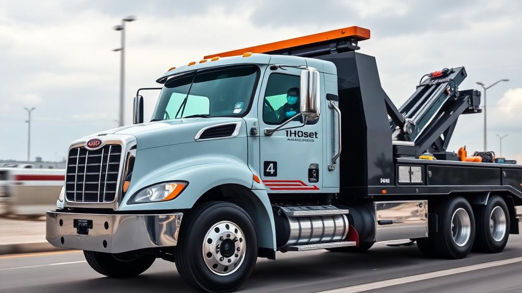 Modern tow truck equipped with GPS tracking technology and digital fleet management systems in Bay Area