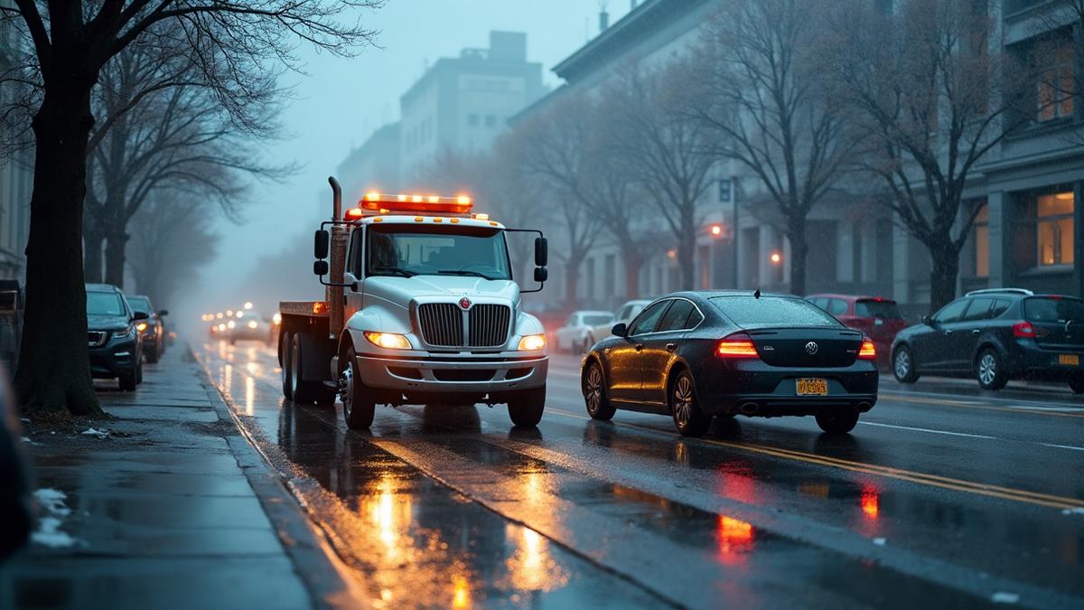 Tow truck helping car during rainy weather in San Francisco