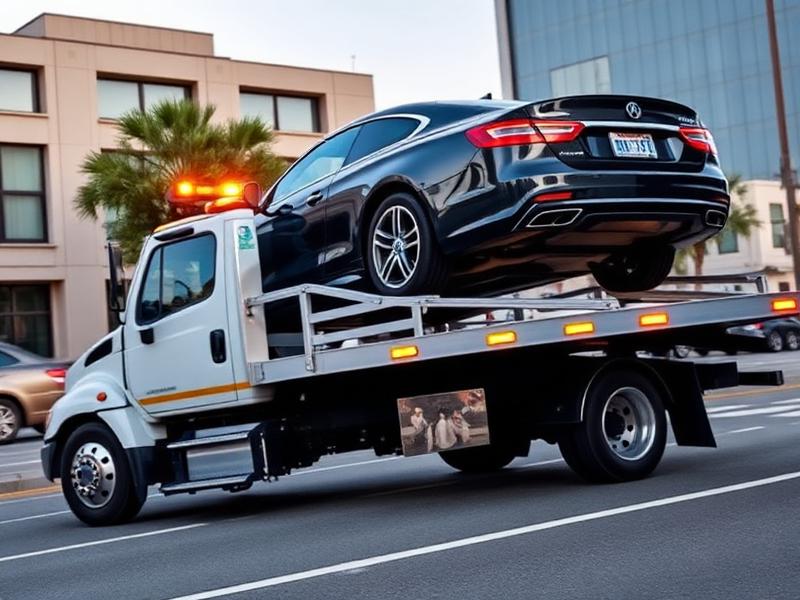 Flatbed tow truck carrying passenger vehicle